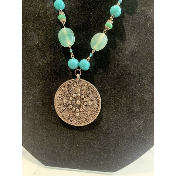 New York & Company Boho Southwestern Turquoise And Medallion Statement Necklace - Picture 3 of 5